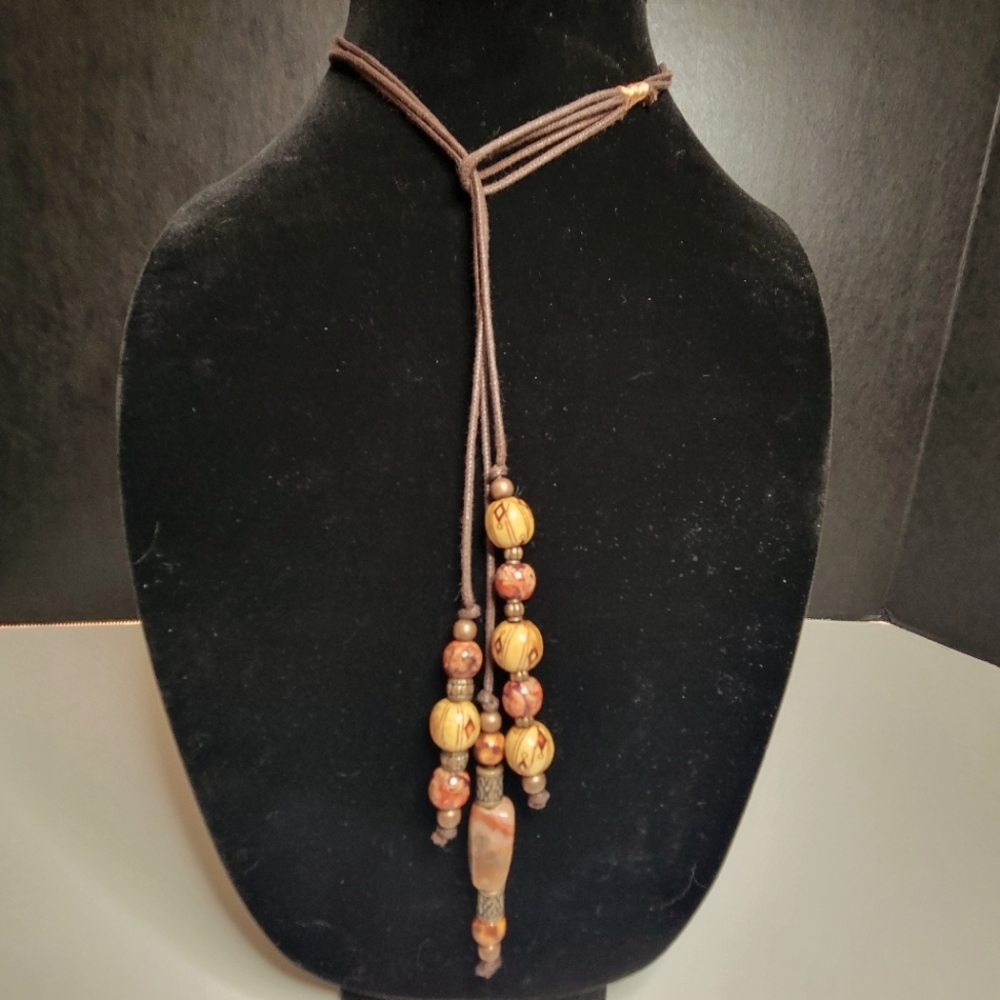 Carnelian & Painted Wood 3 Strand Y Necklace Clasp-Free Handmade Sacral Chakra